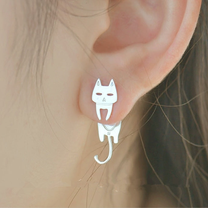 Sterling Silver Cat and Fish Stud Earrings